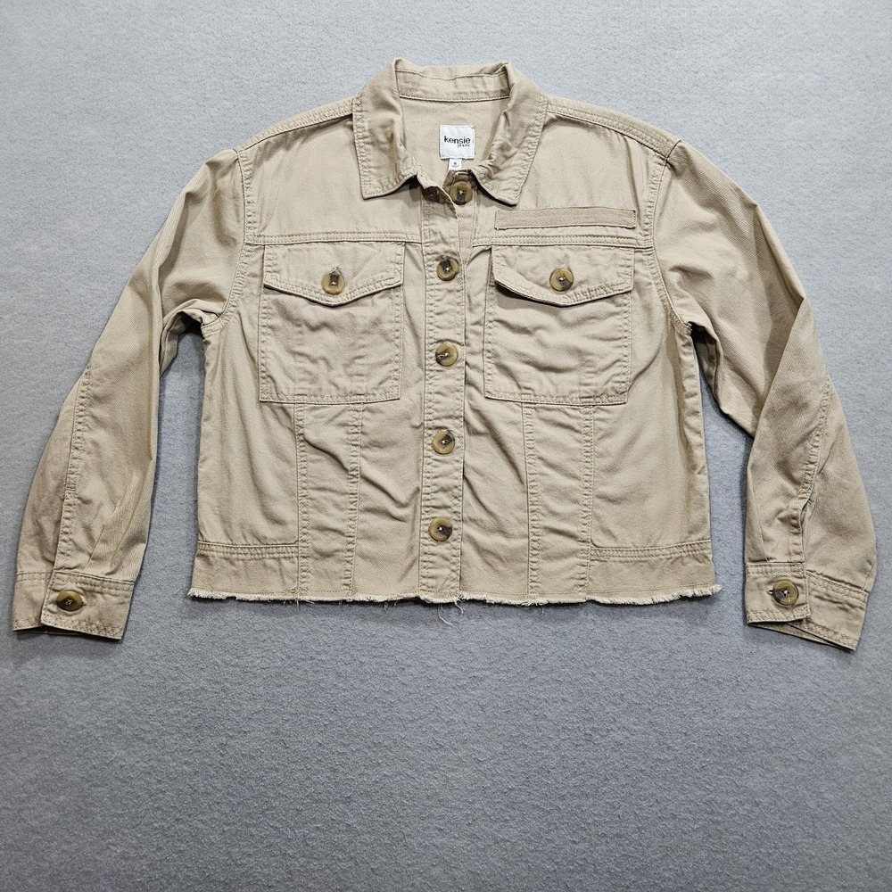 Kensie Jeans Cropped Jacket Women Small Beige Khaki Button Front Military Safari
